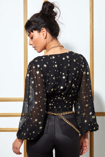 Goddiva Printed Chiffon Wrap Shirred Top Goddiva